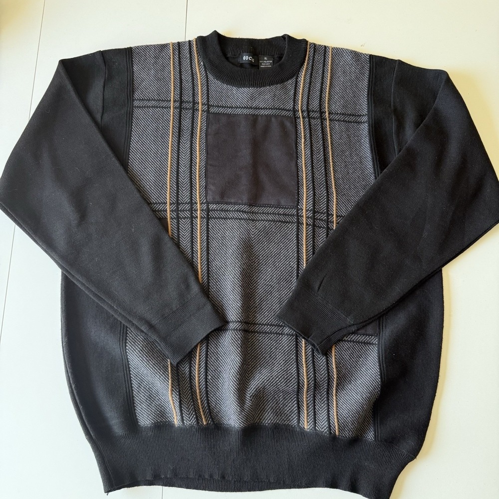 Gochu Black Knit And Suede‎ Block Pullover Sweater Size XL Mens